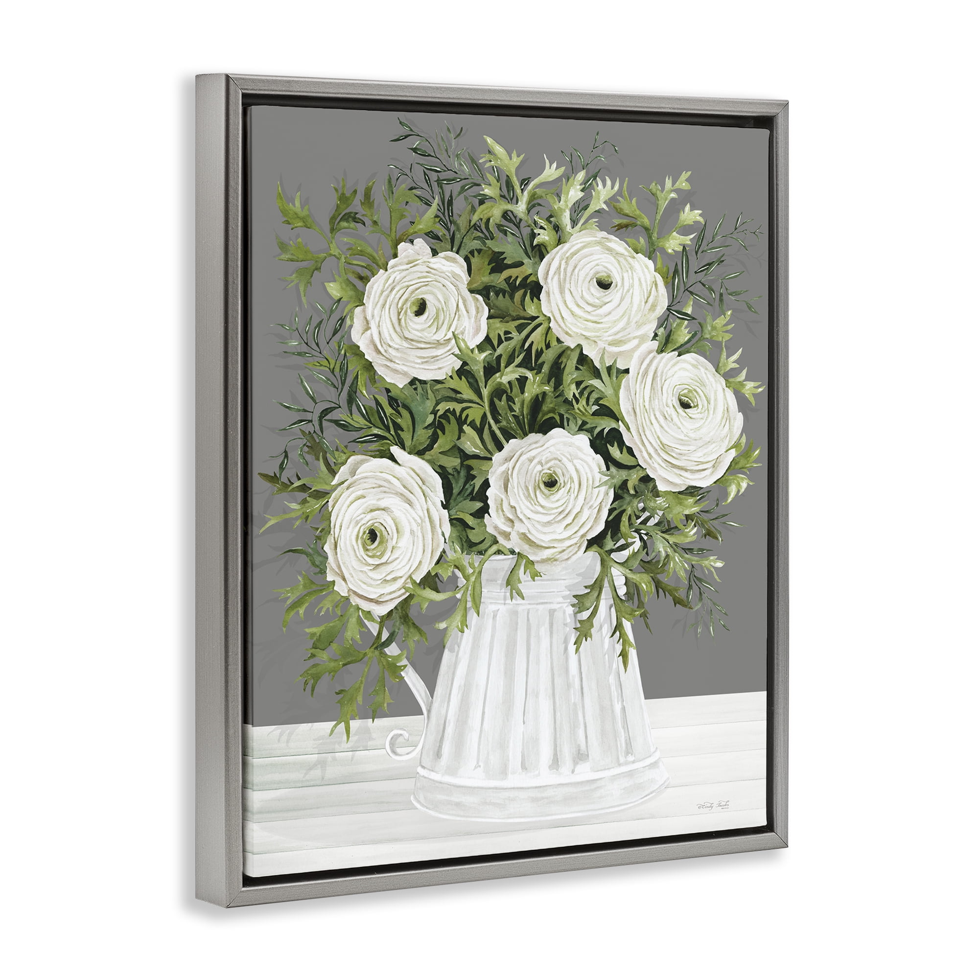 Stupell Industries Peonies in Country Vase Botanical & Floral Painting Gray Floater Framed Art Print Wall Art, 17 x 21