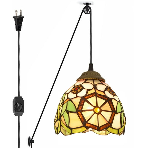 Kiven Plug in Tiffany Pendant Light, Pulley Hanging Light with Iron Lampshade and 15FT Plug-in Cord, Dimmable Ceiling Pendant Light for Bedroom Hallway Foyer Kitchen Island,1-Light