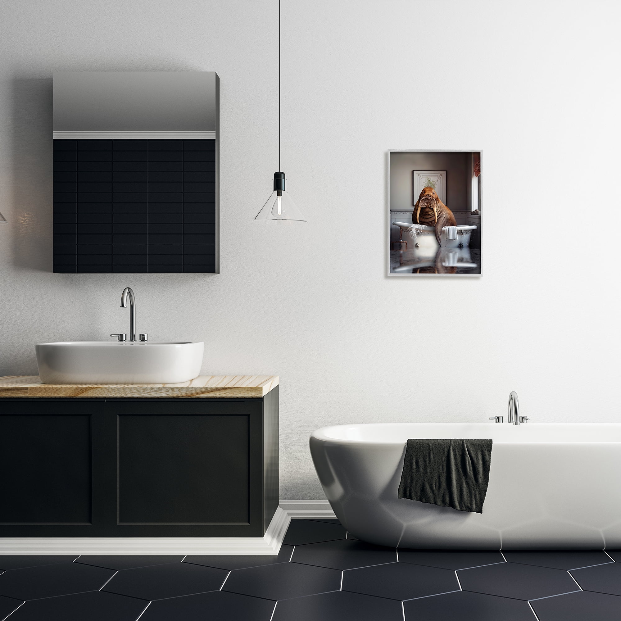 Stupell Industries Walrus in Bathtub Animals & Insects Painting Gray Framed Art Print Wall Art, 16 x 20