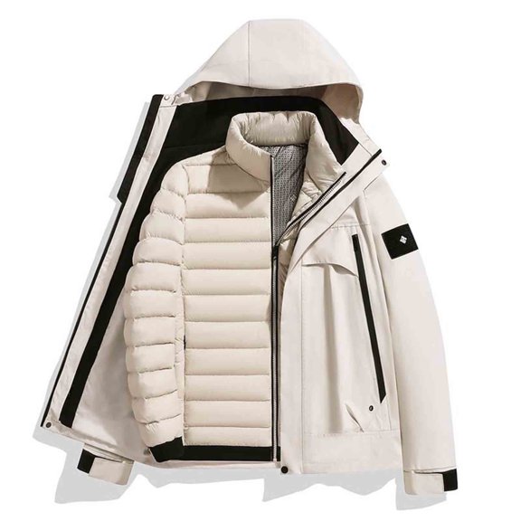 BRGZLK Unisex Coats Solid Color Casual Warm Windproof Thickened Zipper Pocket Long Sleeve Hooded Coat Detachable Lining Coat White L