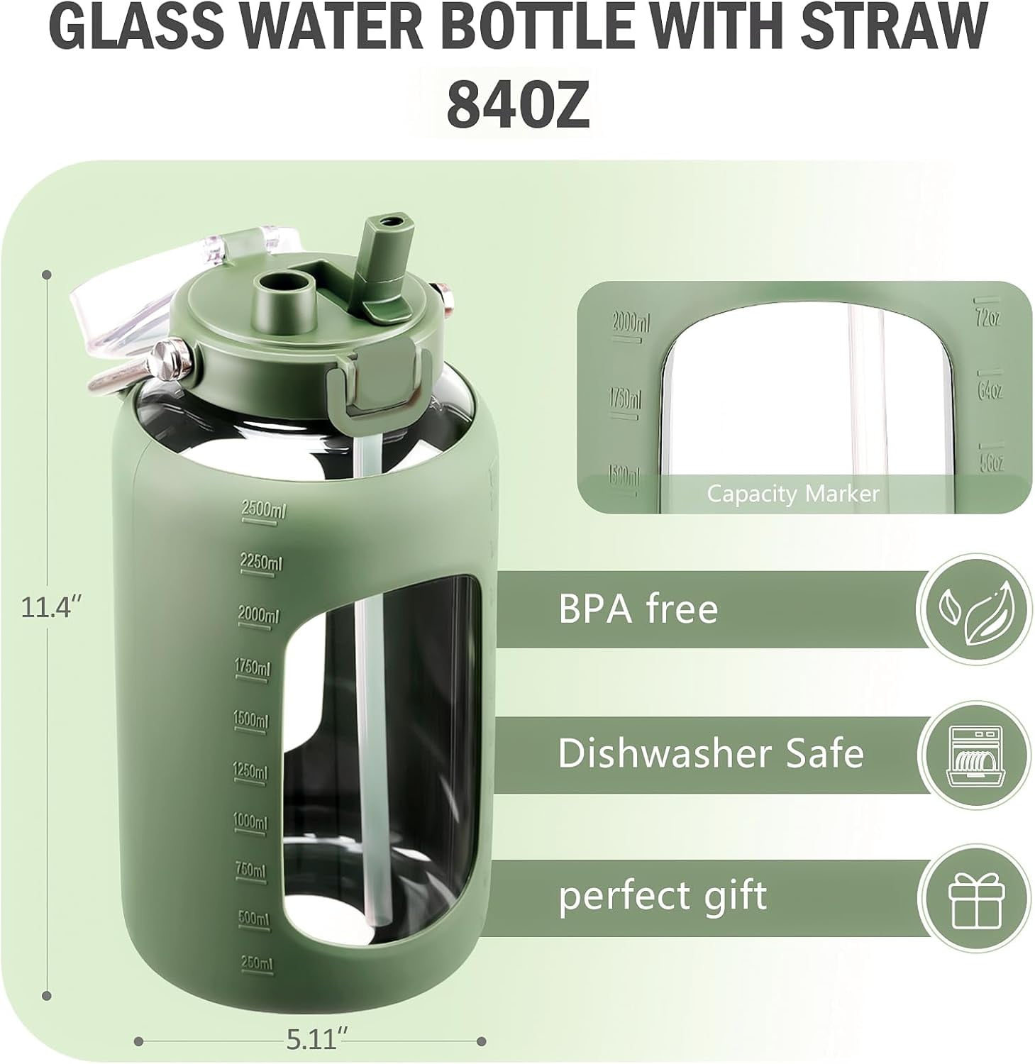84oz Water Bottle Glass with Stainless Steel Handle Large 2.5l Water Bottle with Time Markers and Silicone Sleeve Half Gallon Water Jug BPA Free for Gym Daily Use
