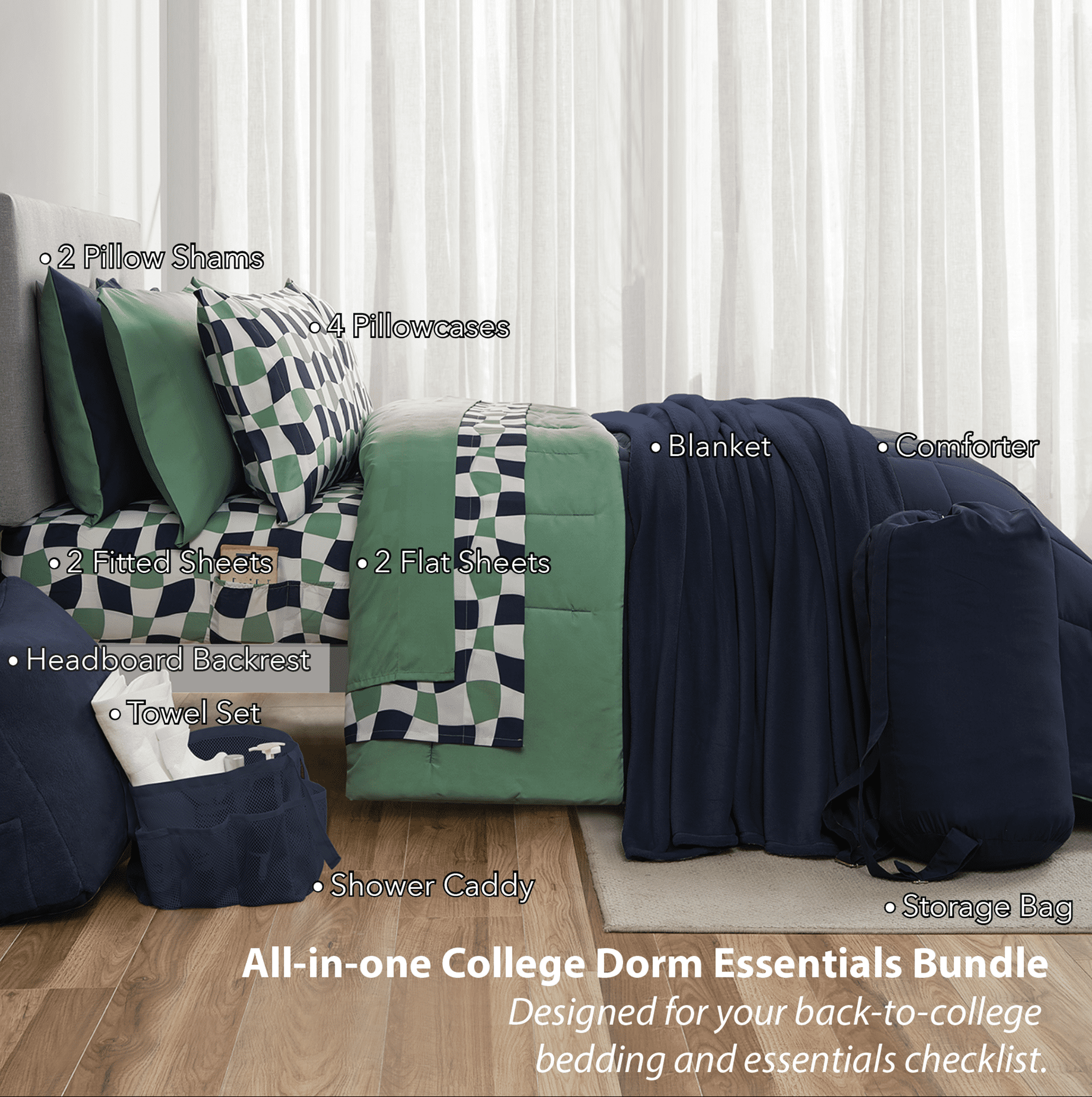 17pc College Dorm Essentials Bundle, Full, Reversible Bed in a Bag Comforter Set, Navy