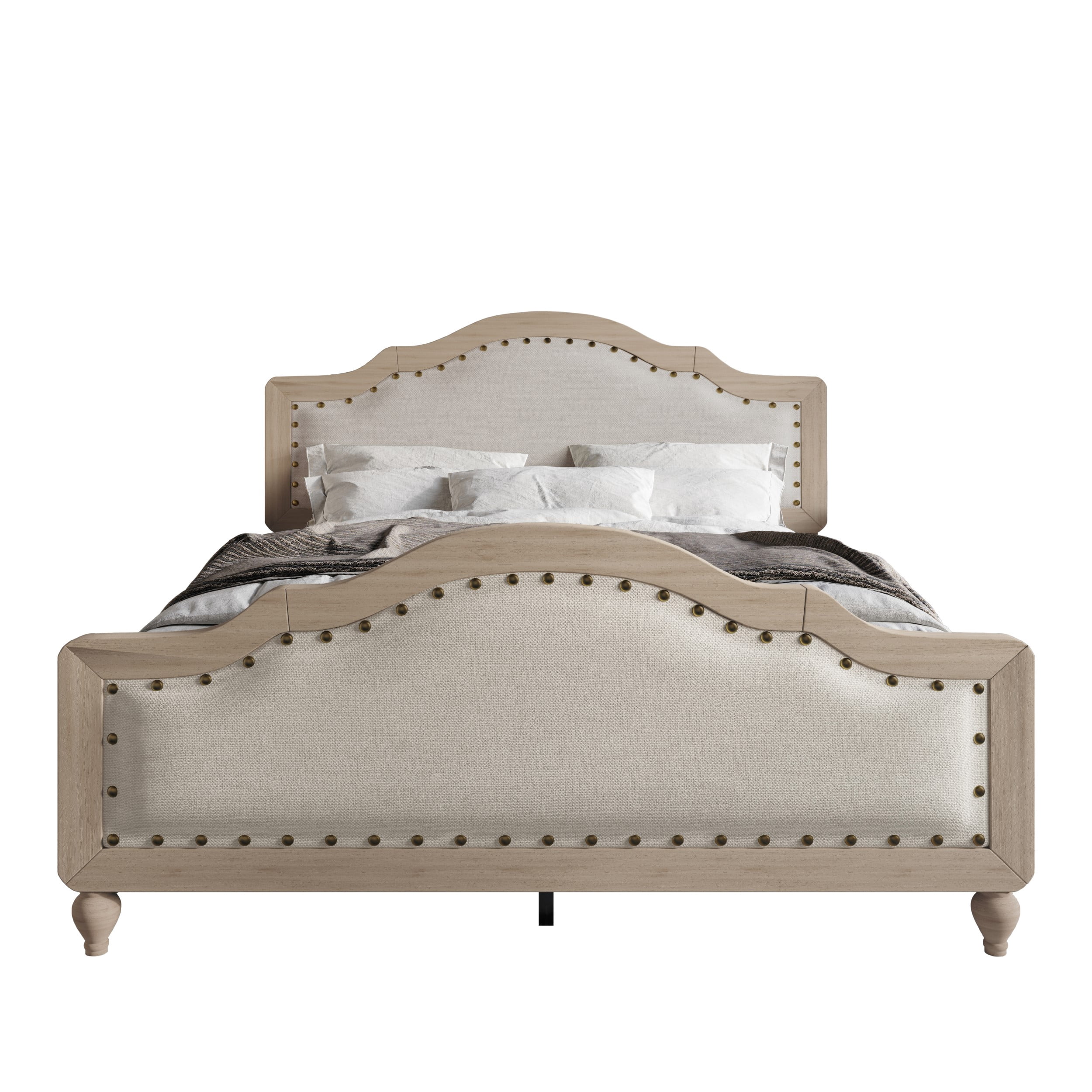 Home Design Hilton Queen Platform Bed Frame with Foam-Padded Headboard and Nailhead Trim, Antique Gray/Warm Gray, Easy Assembly
