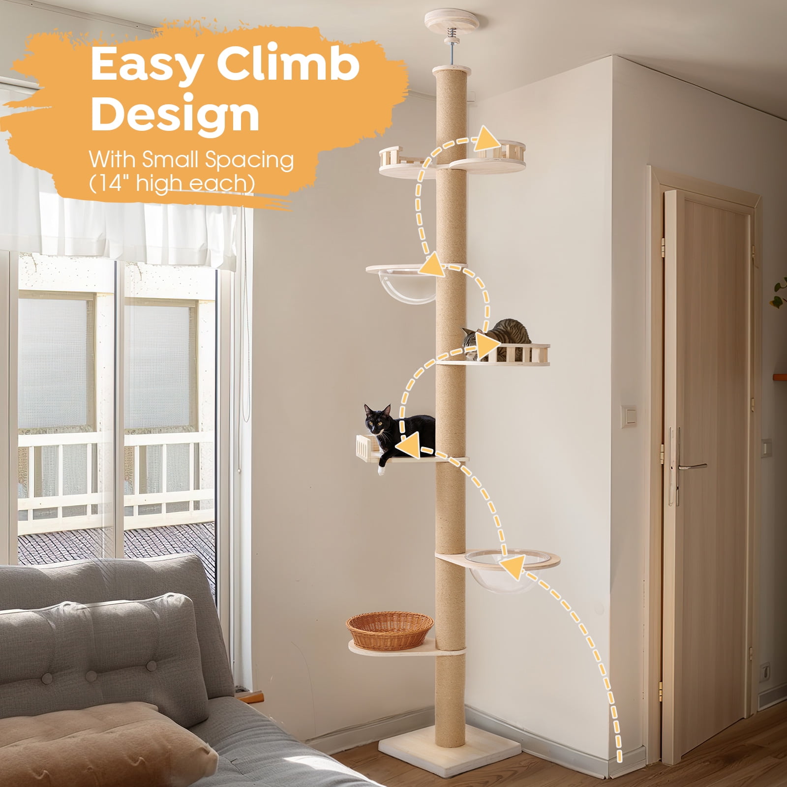 Veehoo Floor to Ceiling Cat Tree Height 106-123 Inch Adjustable with 4.3" Thickened Scratching Posts