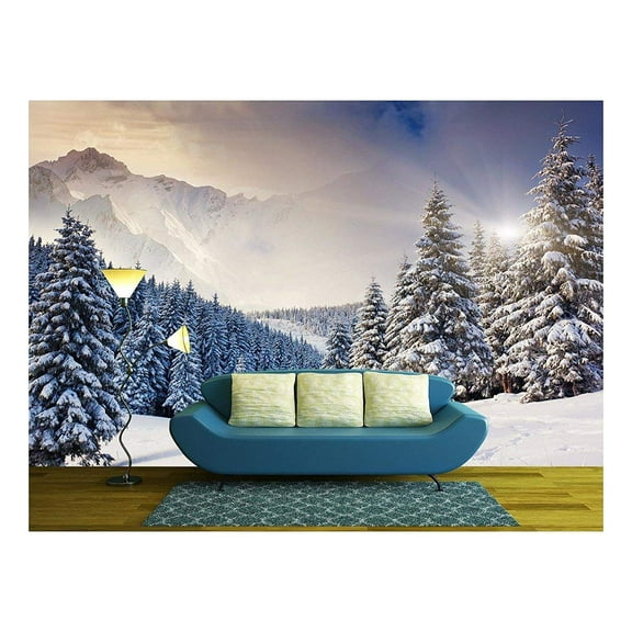 wall26 - Fantastic Evening Winter Landscape. Dramatic Overcast Sky. Creative Collage. Beauty World. - Removable Wall Mural | Self-Adhesive Large Wallpaper - 100x144 inches