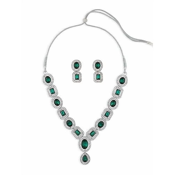 Dazzling Green Stones & Austrian Diamonds Embellished Necklace Set With Earring Set For Women | Silver Plated Artificial Stones - Ethnic Indian Styles & Designs Choker Jewellery Set For Collection