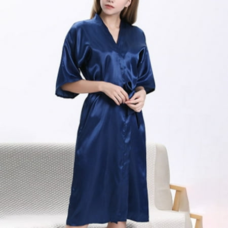 

QIFEI Satin Pajamas Women Summer Bathrobe Home Service Bride Bridesmaid Nightgown Blue L