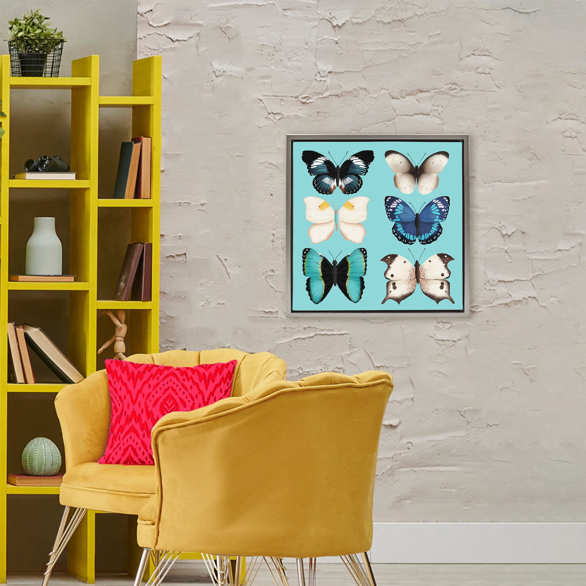 Stupell Industries Six Diverse Butterflies on Turquoise Gray Framed Floater Canvas Wall Art, design by Metka Hiti