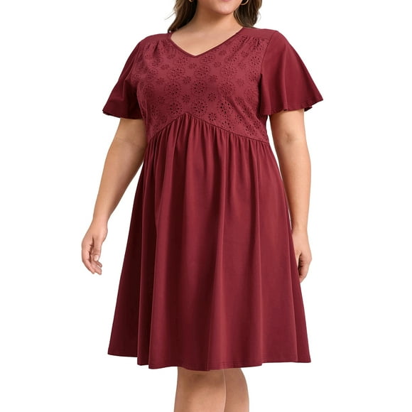 GRACE & GRANDEUR Vestido de Talla Grande para Mujer con Bordado Frontal, Costura Alta, Pliegues, Cuello en V, Mangas con Volantes, Vestido Midi A Line 3X Burdeos