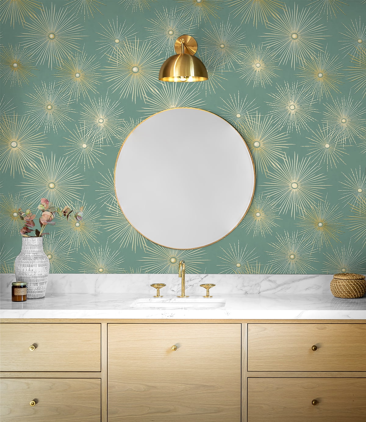 NextWall Teal & Metallic Gold Starburst Geo Peel and Stick Wallpaper