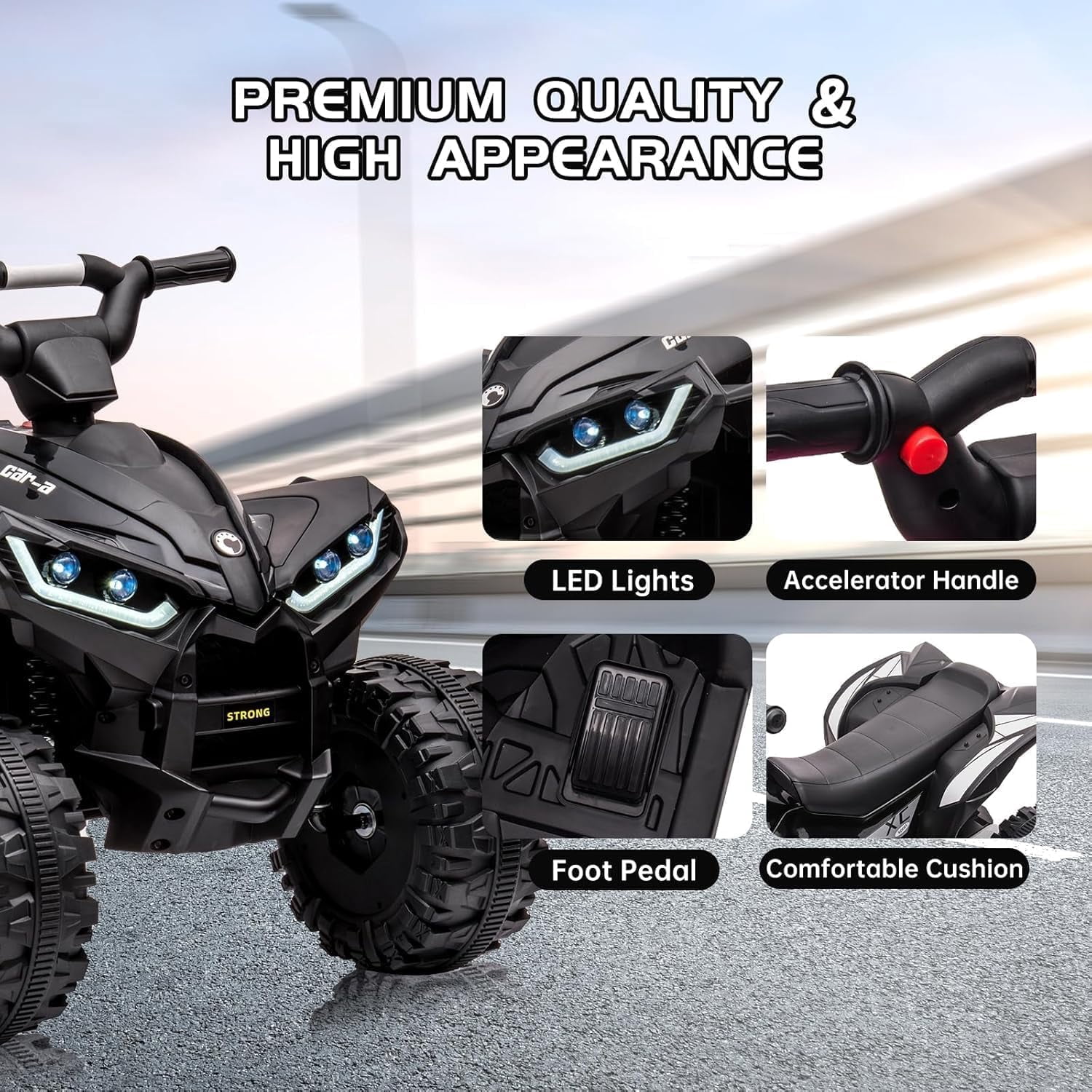 Roromall 12V Kids Ride On ATV, Battery Powered, Electric 4-Wheeler with Music, Led Lights, High and Low Modes, USB, Treaded Tires, Suitable for Boys and Girls