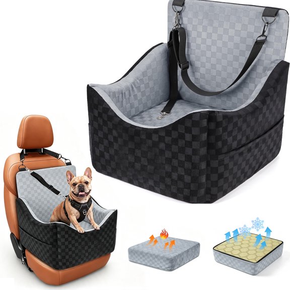 Yunnyp Dog Booster Car Seat for Small/Medium Pets, 5-Inch Elevated Memory Foam CarSeat, Detachable Washable Cover, Travel-Safe Car Bed with Safety Belts & Storage Pockets, Grey