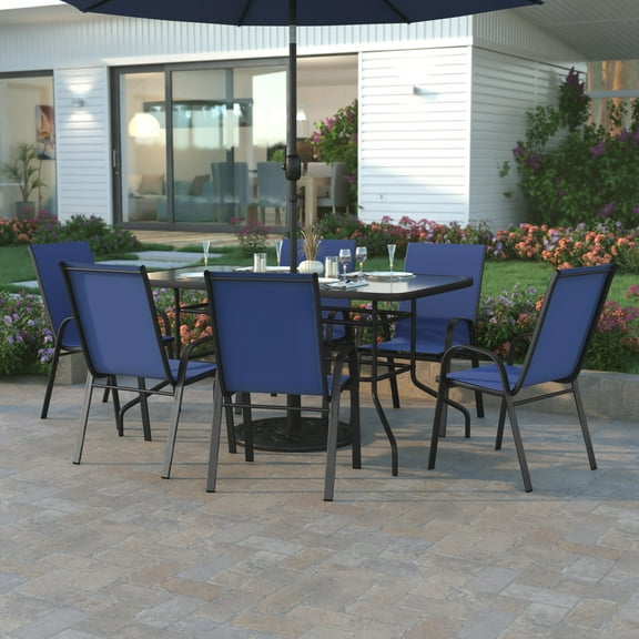 Emma Oliver Seven Piece Patio Table Set with 31.5" x 55" Metal Table with Tempered Glass Top and 6 Navy Flex Comfort Stacking Chairs