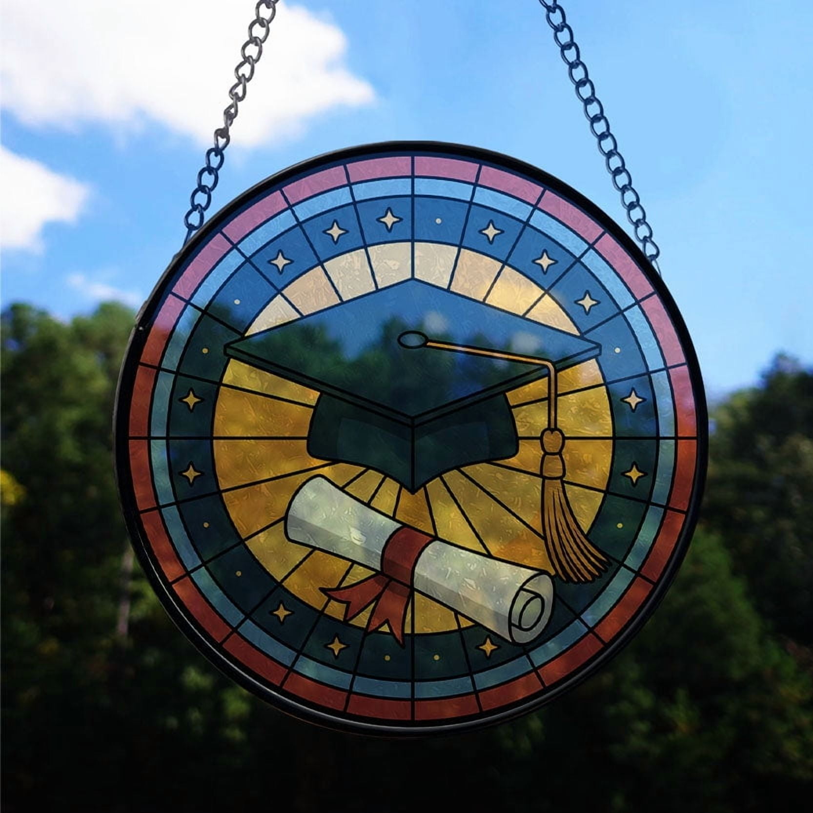 A Graduation Cap and Diploma Stained Glass Suncatcher Window Hanging – Holiday Window Hanging Gift with Custom Text for Family, Friends, Man & Woman, Christmas 2025 Tree Keepsake