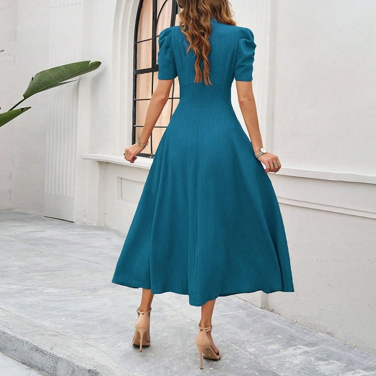 Plus Size Swing Dresses for Womens 2026 Fashion Summer Solid Color Temperament High Waist Short Sleeve V-neck Dress