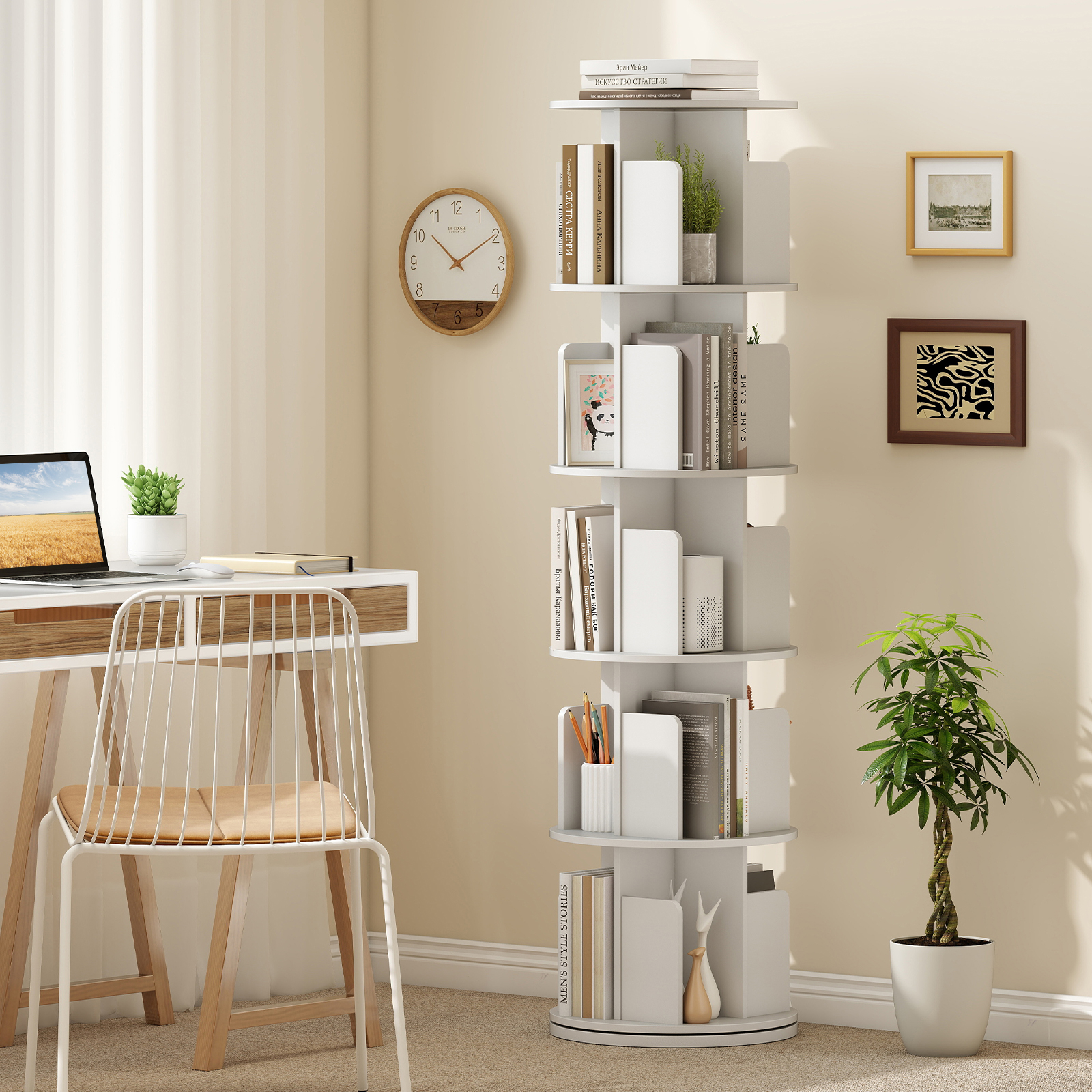 Costway 2 PCS 5-Tier Rotating Bookshelf 360° Display Rack Dividers & Anti-falling Baffles White