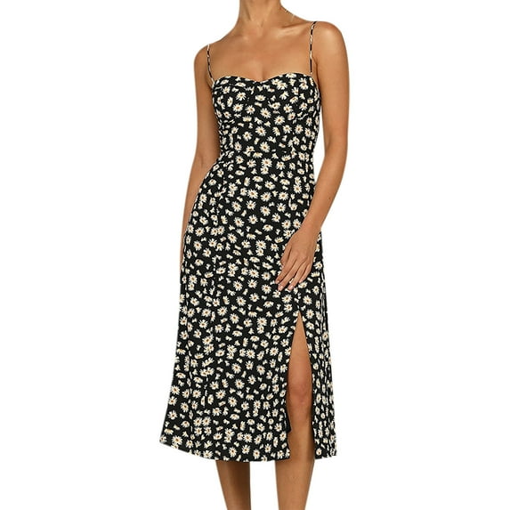 ICHUANYI Women Fashion Casual Flower Printing Slim Beach Halter Straps Dress Suspender