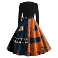 thumbnail image 5 of Women's Halloween Dress Witch Hat Skeleton V Neck 1950s Cocktail Casual Dress Long Sleeve Hepburn Funny Retro Dresses with Belt 4XL, 5 of 5
