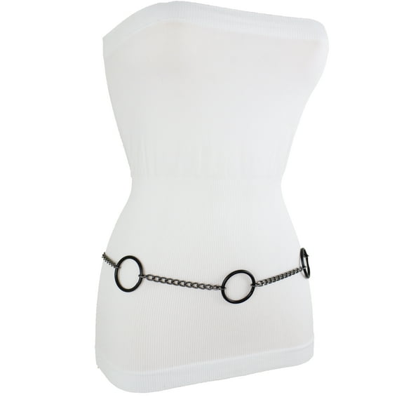 Women Pewter Color Metal Chain Links Belt Black Rings M L XL