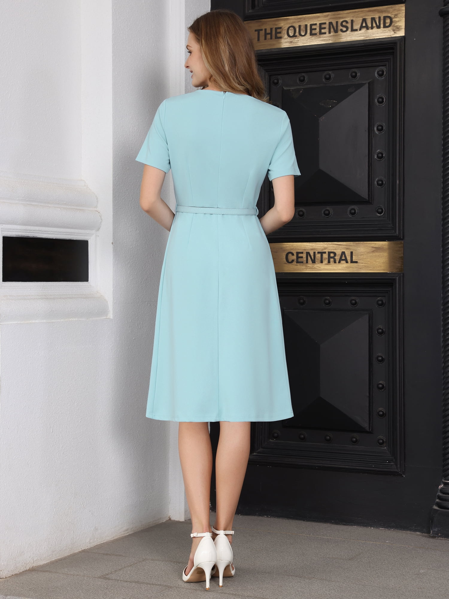 DARING DIVA Women's A Line Dress Short Sleeve Asymmetrical Neck Dresses S Light Blue