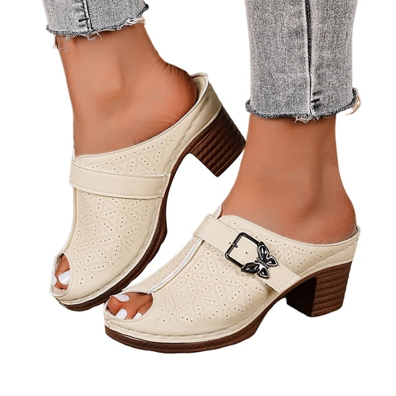 Rokment Womens Butterfly Buckles Peep Toe Clogs Mules Trendy Casual Leather Ortho Platform Chunky Block High Heels Backless Sandals for Dressy Beach Summer Beige Size 6.5