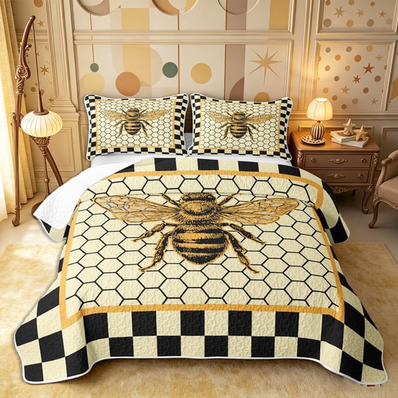 Castle Fairy Vintage Bee Graphic Twin Quilt Set 2 Pieces,Geometric Honeycomb Twin Coverlet Set,Black Cream Golden Yellow,1 Bedspread and 1 Pillowcase