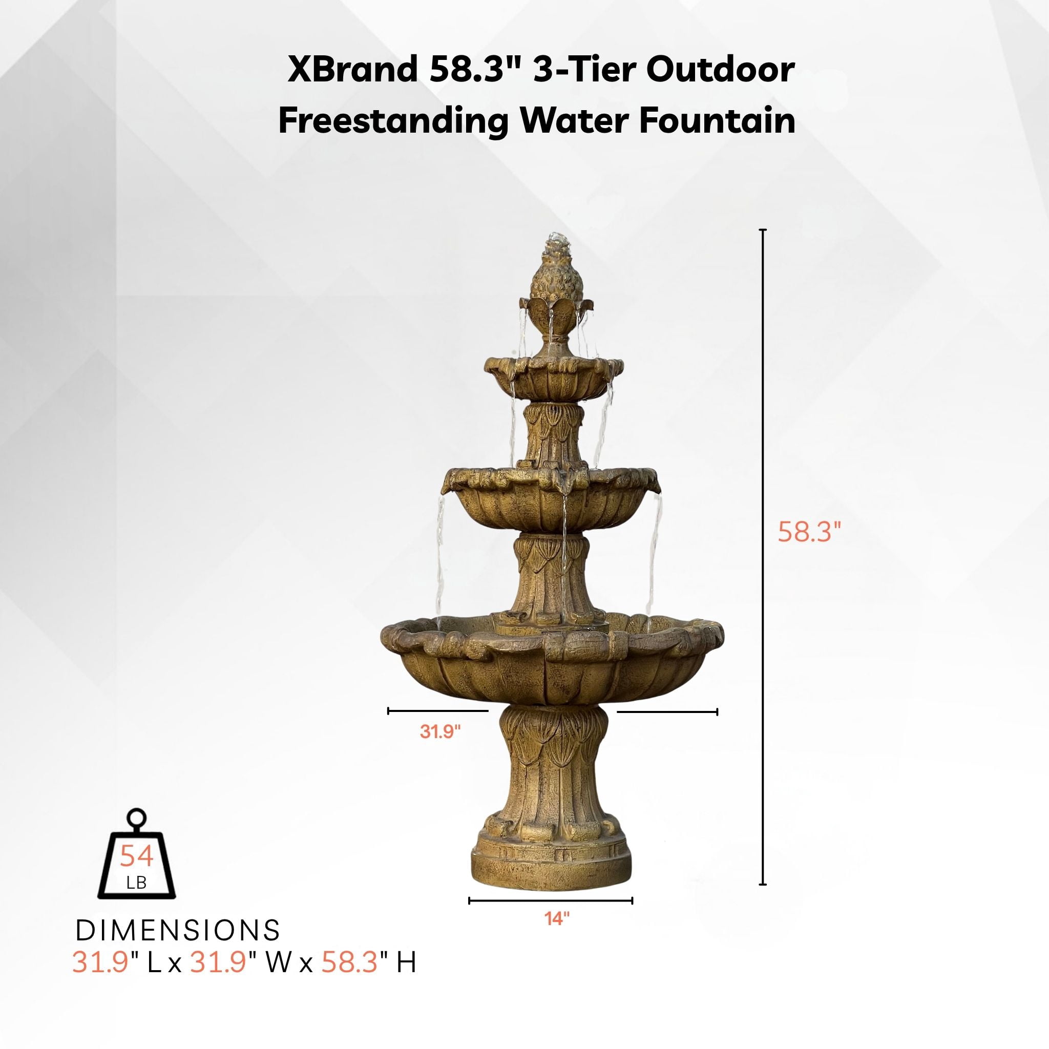 58.3" 3-Tier Electric Outdoor Freestanding Water Fountain - Classic Leaf Design, Beige Resin with Pump
