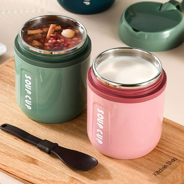 2Pcs Thermal Insulated Food Jar with Foldable Spoon Leak Proof Lunch Containers Soup Cup Portable 304 Stainless Steel Thermal Food Storage Container 480ml for Kids Adults School
