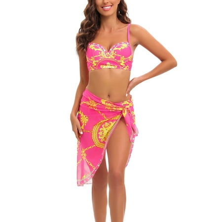 Lopeceal Women s 3 Piece Swimsuits BohoFeel Print Bikini Set with Cover Up Skirt Sexy Swimsuit Bathing Suits