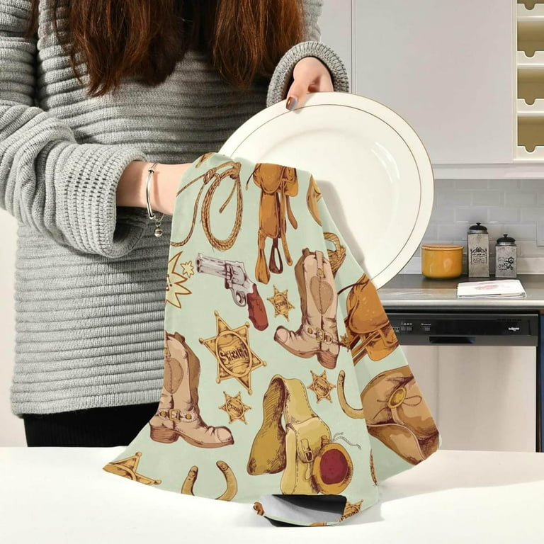Vintage Western Cowboy Kitchen Dish Towels Set of 1, Horse Saddle