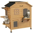 thumbnail image 2 of PawHut Outdoor Wooden 2-Story Cat House, Wooden Door, Openable Roof, Jumping Platforms, Natural, 2 of 9