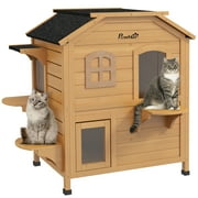 PawHut Outdoor Wooden 2-Story Cat House, Wooden Door, Openable Roof, Jumping Platforms, Natural