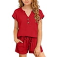 thumbnail image 3 of MKOSPLRT 4-14 Years Girls Short Sleeve Top with Shorts Set Solid Casual Loungewear Home Outfit, 3 of 10