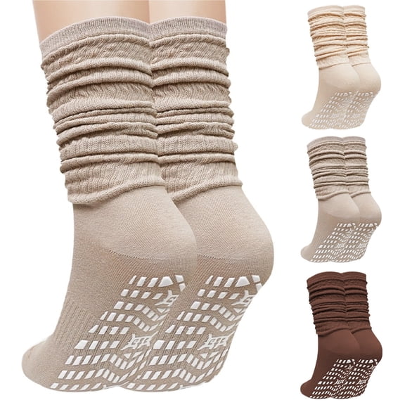 Slouch Socks with Grip, CaiDieNu 3 Pairs Pilate Socks, Non Slip Socks - Cotton Scrunch Grip Socks Pilates for Yoga Barre Workout & Fitness