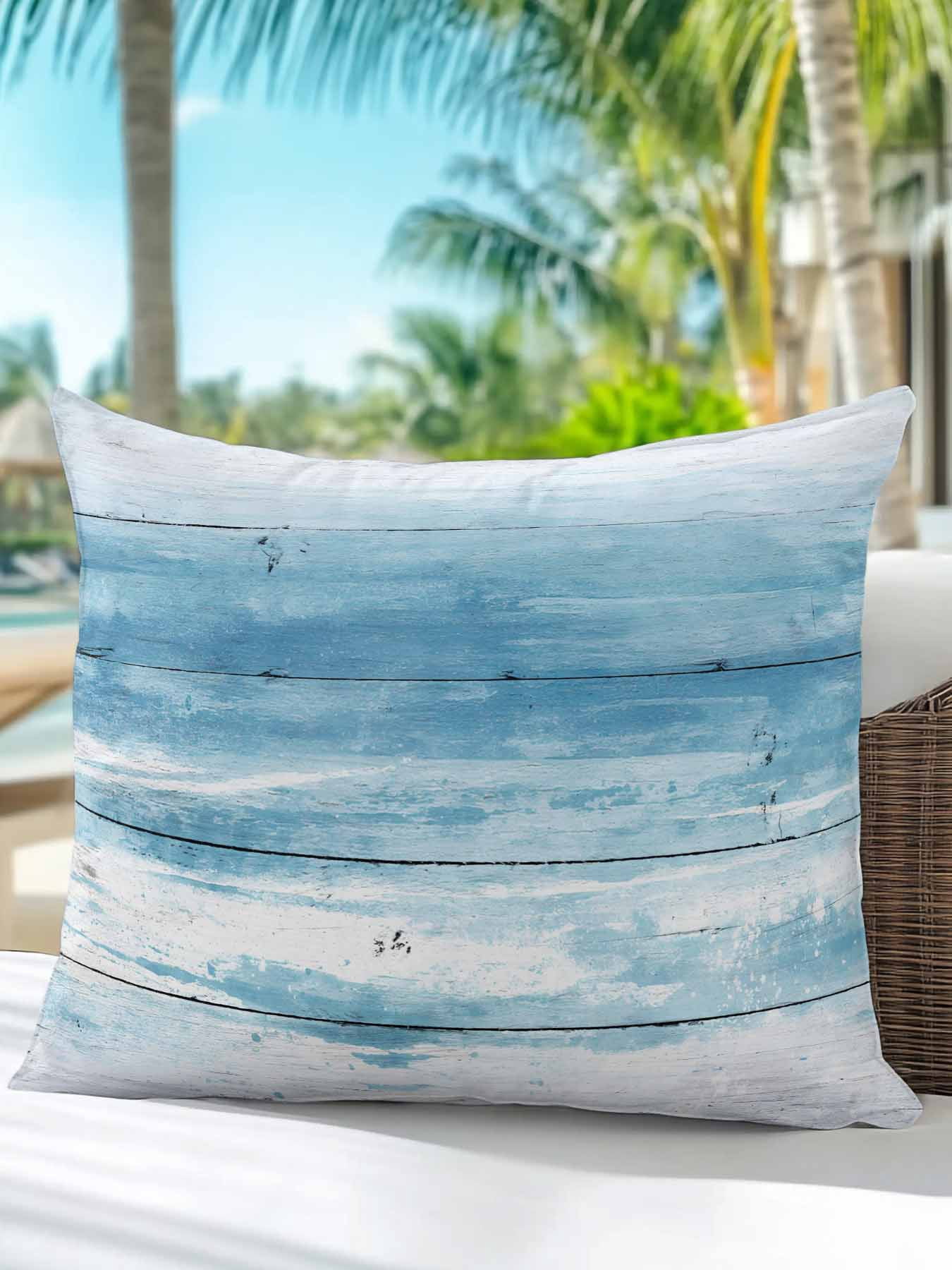 1 Pack Outdoor Throw Pillow, Summer Blue Ocean Waterproof Pillow with Insert Included, Farmhouse Wooden Grain Modern Art Decorative Accent Cushion Sofa Pillows for Patio Porch, 16 x 16 In