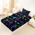 thumbnail image 2 of Manfei Neon Glow Cat Twin Fitted Sheet, Cartoon Kitten Animal Bedding, Black Cyan Purple, 2-Piece, 1 Fitted Sheet and 1 Pillowcase, 2 of 6