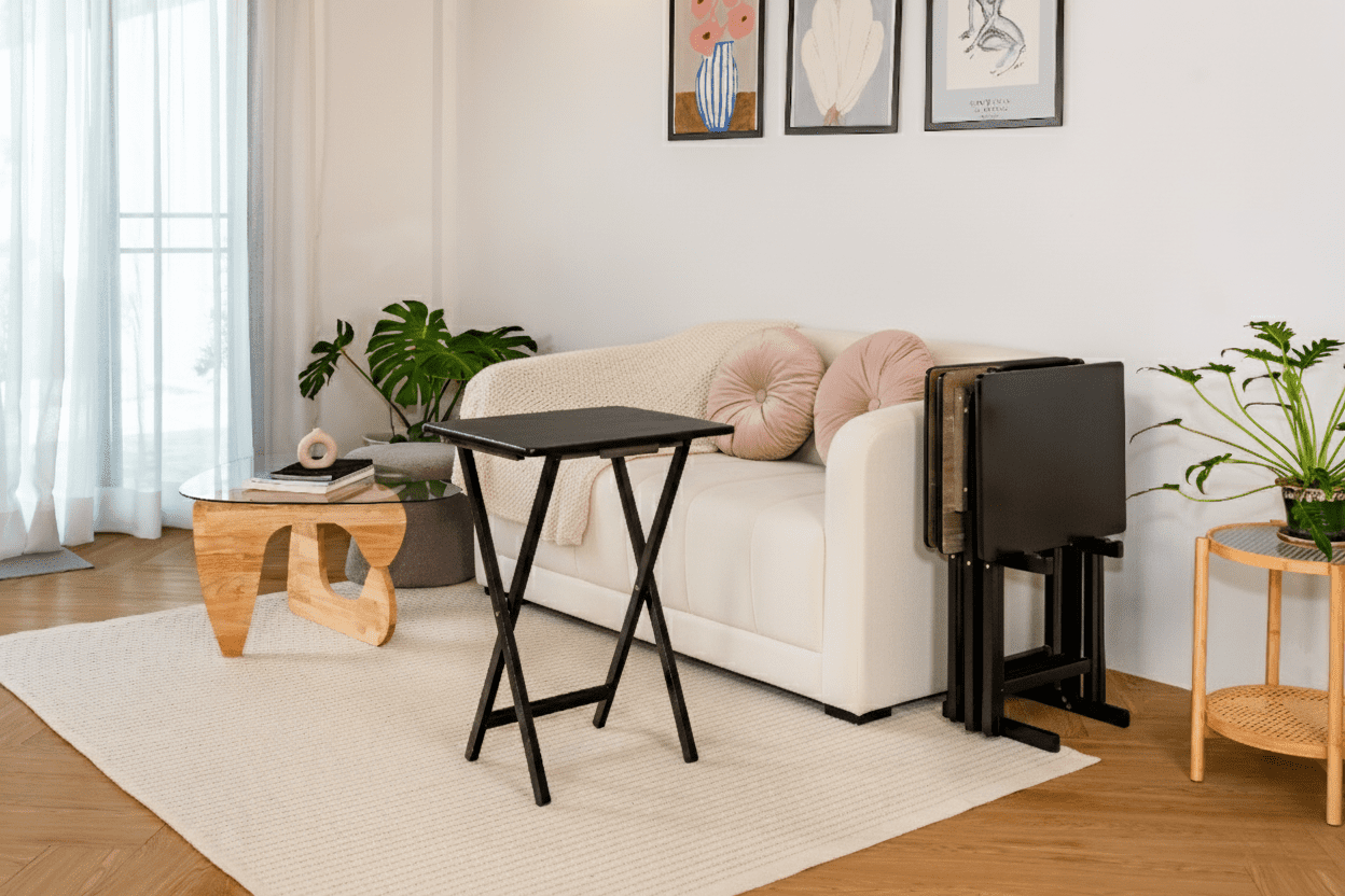 Mainstays 4-Piece Black Rubberwood Indoor Folding TV Tray Table Set with Storage Rack