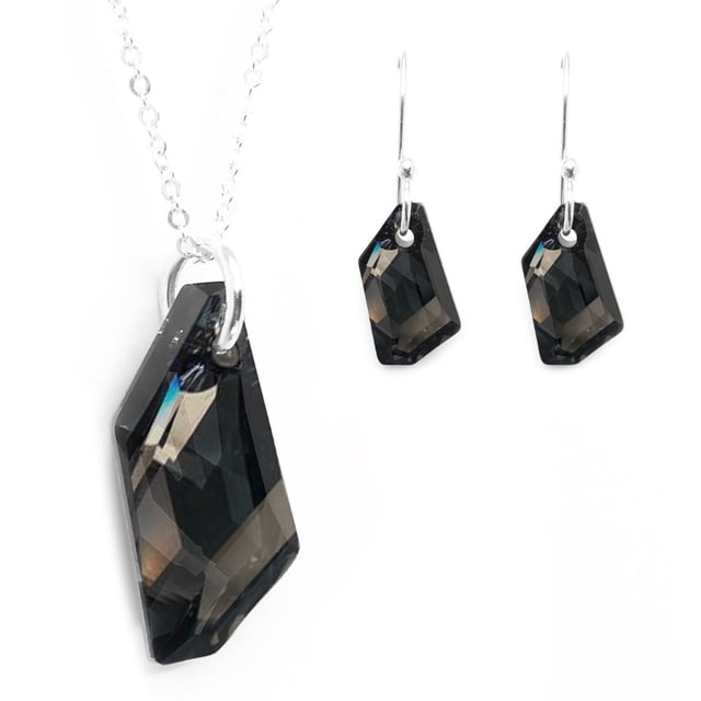 Juego de aretes y cadena con dije corte DeArt ZVEZDA plata mexicana ley .925 Gris Medianoche