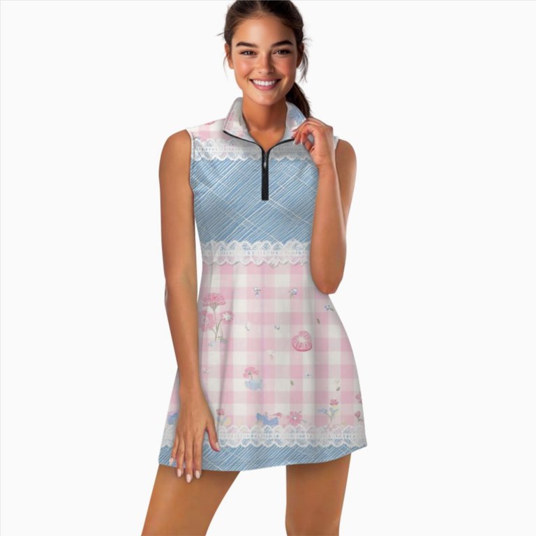 blue and pink plaid dress Pink Gingham and Blue Plaid Pattern Sports Dresses Women Tennis Dress with  Separate Shorts One-Piece Slim Fit Golf Dress