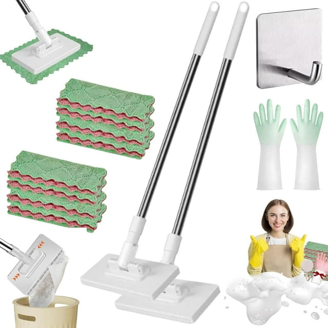 Fregona Antipolvo Desechable, Vadrouille à Poussière Jetable, avec 4 PañOs Réutilisables, Manche Long de 39 Pouces Balai Humide et Sec Réglable à 360° avec Tête de Verrouillage et Linges de Balayage (2 Pcs)