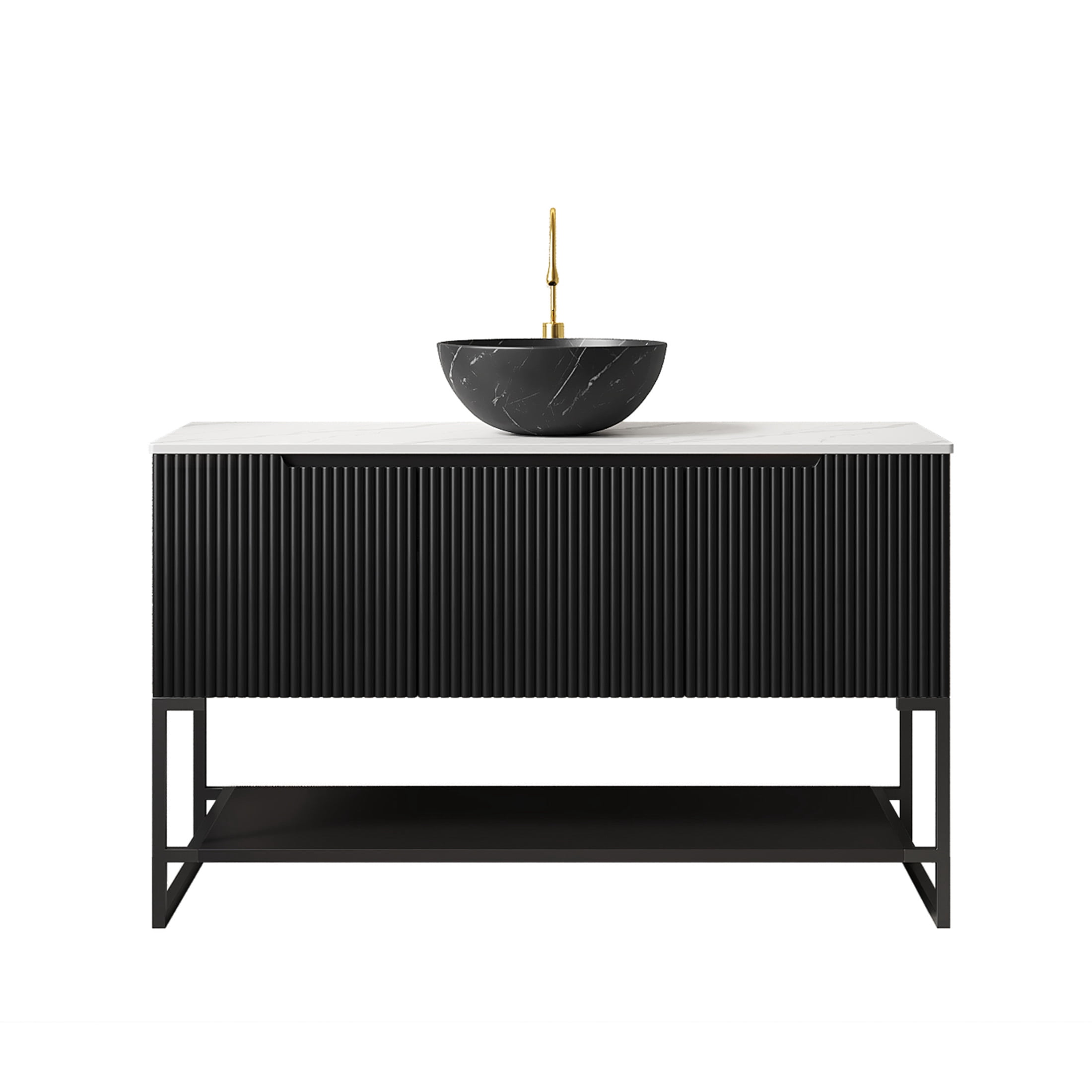 Noble House Tulio 48" Freestanding Bathroom Vanity with Sintered Stone Countertop, Black Bowl Ceramic Basin, Black