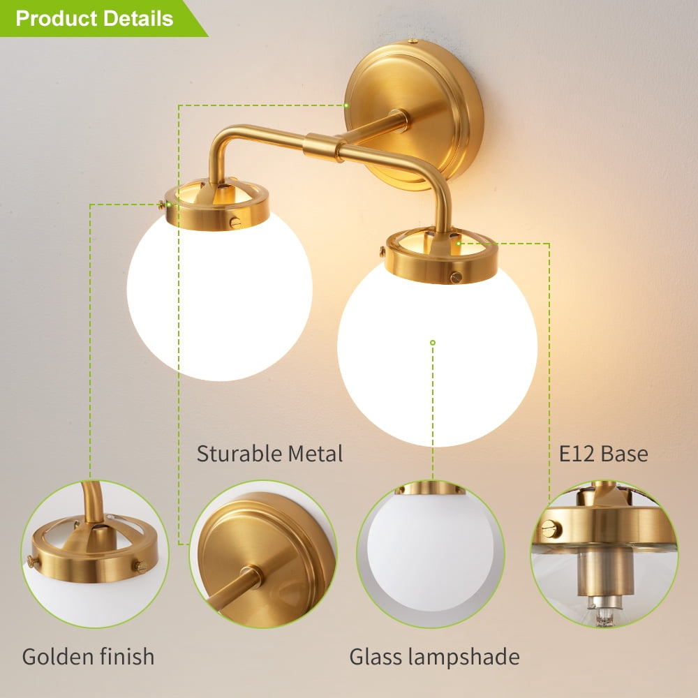 Bathroom Light Fixtures Gold 2-Light Globe Mordern Vanity Light Fixtures Over Mirror with White Globe Shade
