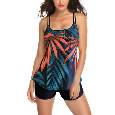 

XIAOFFENN Ladies Fashion Multicolor Leaf Print Back Cutout Boxer Pants Sling Women s Split Swimsuit Clearance