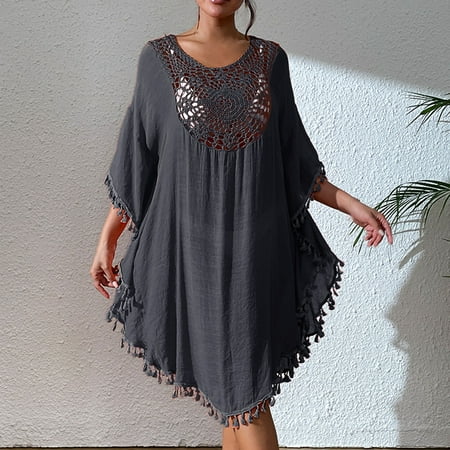 Rigardu Hot Sale!! Womens Swimsuit Cover Up Hollow Out Swimwear Beach Bathing Suit Bikini Coverups Crochet Tassel Dress Women s Beach Hook Floral Fringe Swimsuit Bikini Over A Smock Black One Size