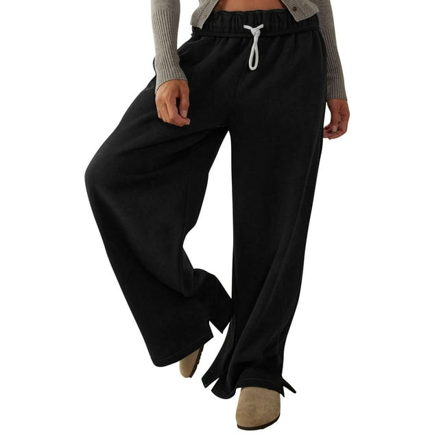 KIHOUT Baggy Wide Leg Pants for Women Solid Color Elastic Drawstring Sweatpants Casual High-Waisted Fall Trousers