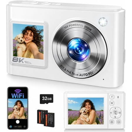 8K Digital Camera, 96MP WiFi Cameras for Photography with Screen, 16X Zoom, Autofocus, Anti-Shake, Compact Travel Vlogging Point Shoot Camera for Teens, Beginners, 2 , 32GB Card (White)