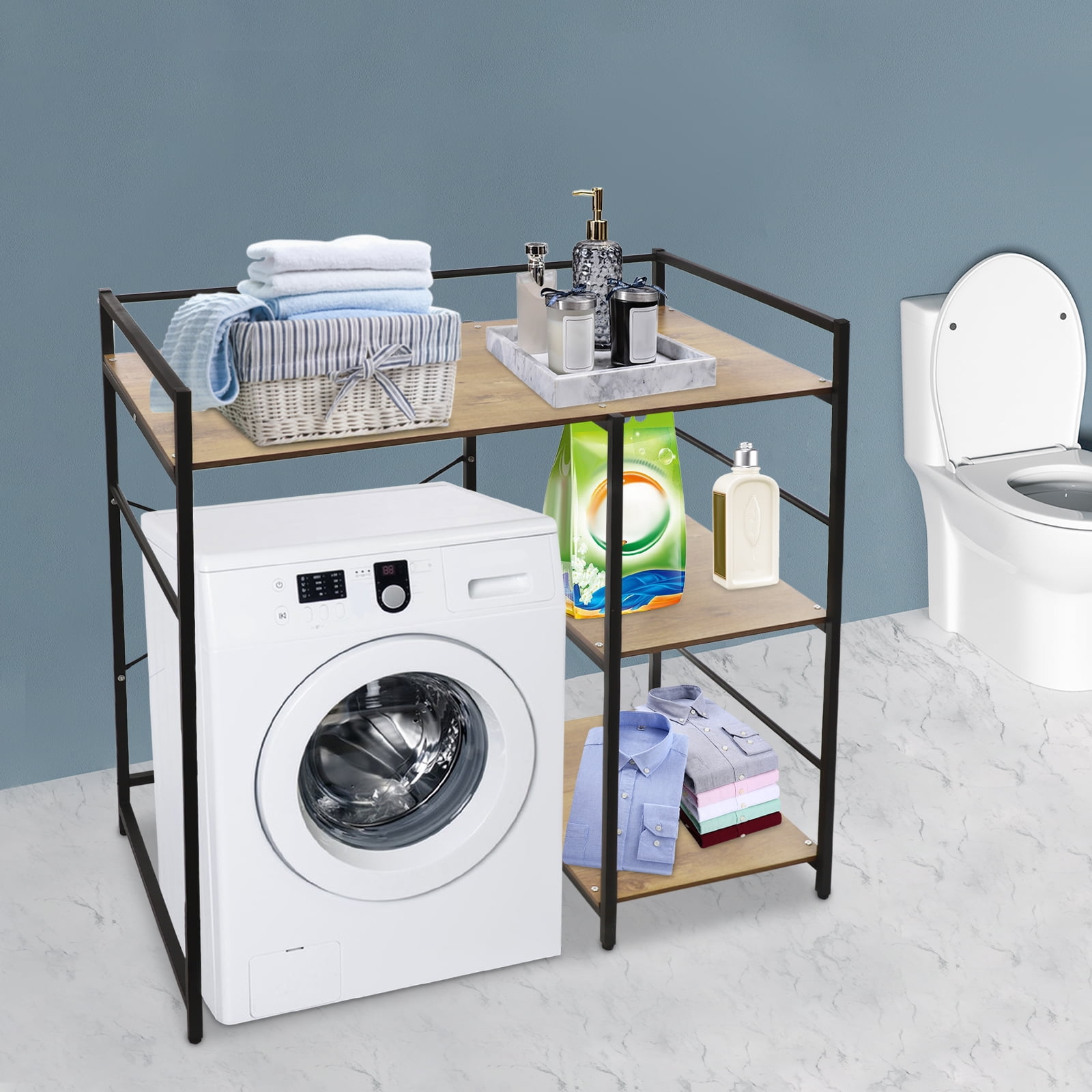 Black-Brown Iron Mdf 110x60x112cm 3-Layer Side Storage Washing Machine Rack Ancient Oak Double-Layer Locker