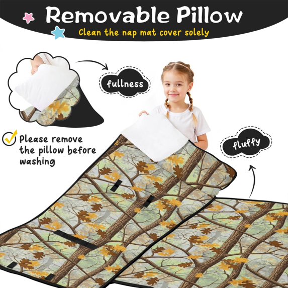 Camo and Tree Brown Pattern Teens Toddler Nap Mat with Pillow, Sleeping Mat Bag for Preschool Daycare 59"x22"
