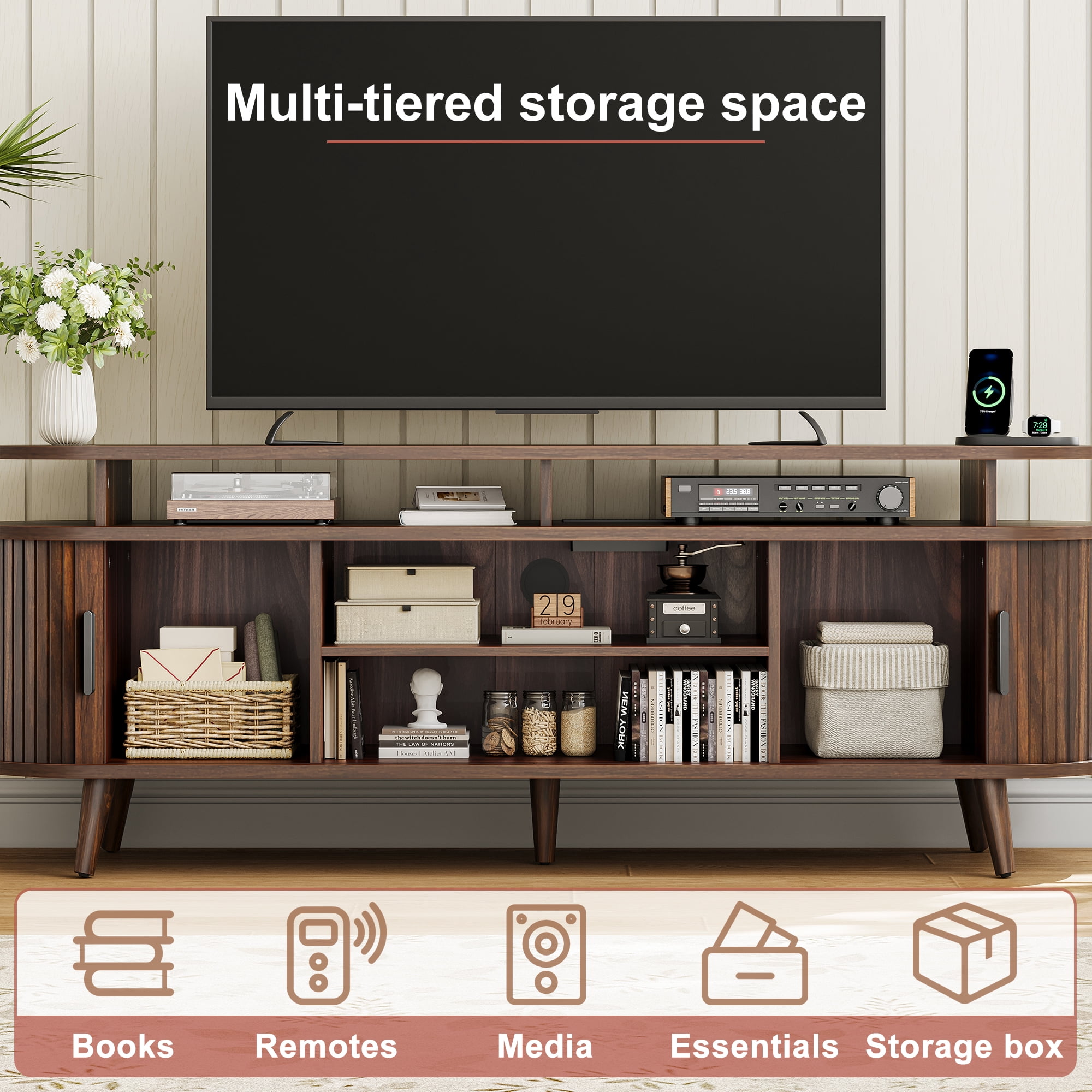 GUNAITO TV Stand for TVs up to 70", Wood TV Stand for Living Room with LED Lights , Entertainment Center with Storage and Shelves, Walnut