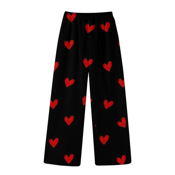 Fluffy Flannel Pajama Pants Women Winter Fleece Plush Heart Lounge Pj Pants Valentines Elastic Waist Fuzzy Pajama Bottoms